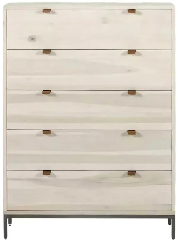 Theodore Industrial Loft Dove White Wood Brown Leather Grey Iron 5 Drawer Tall Chest Dresser