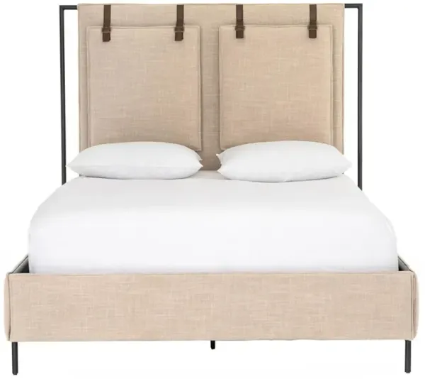 Sareen Modern Classic Beige Upholstered Leather Strap Iron Legs Bed - Queen