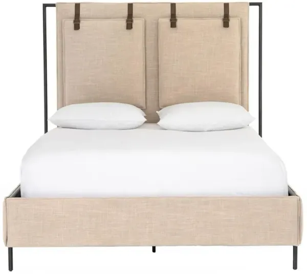 Sareen Modern Classic Beige Upholstered Leather Strap Iron Legs Bed - King