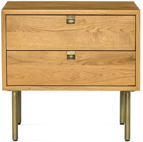 Arlyn Rustic Natural Brown Solid Oak Wood Brass Iron 2 Drawer Nightstand