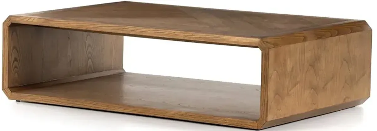 Joy Rustic Lodge Natural Brown Ash Wood Rectangular Shelving Coffee Table
