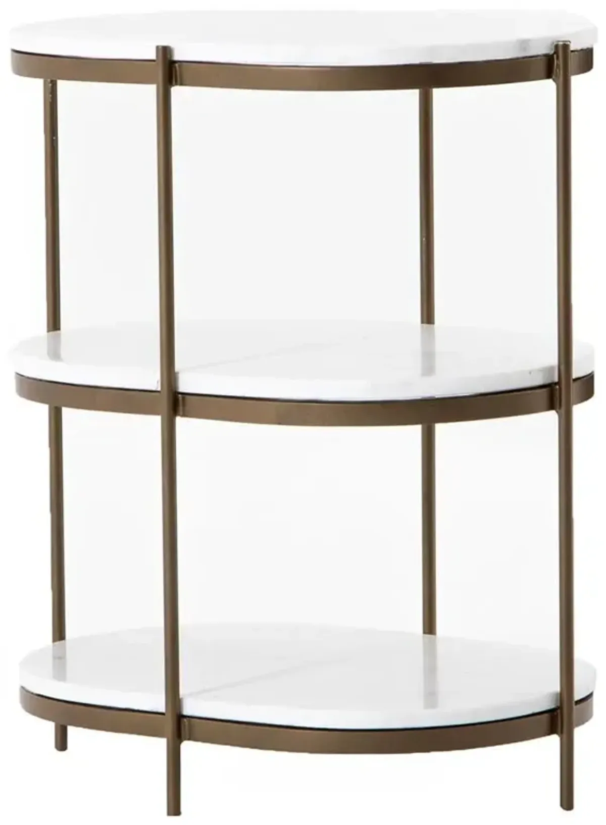 Kian Mid Century White Marble Antique Brass Iron Oval Shelving Side Table