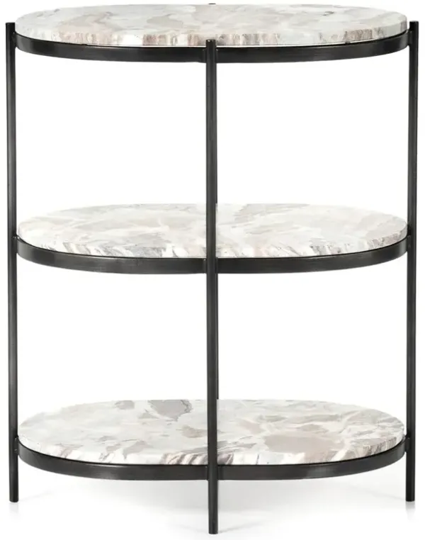 Kian Mid Century Grey Marble Hammered Iron Oval Shelving Side Table