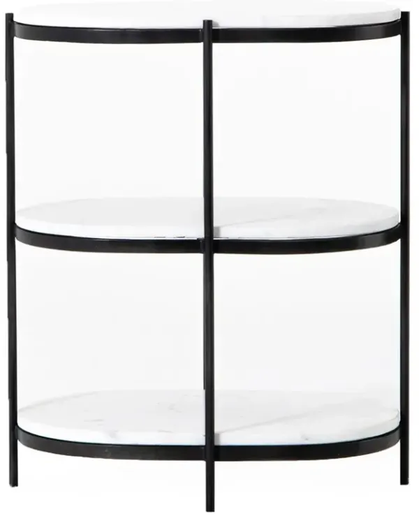 Kian Mid Century White Marble Hammered Grey Iron Oval Shelving Side Table