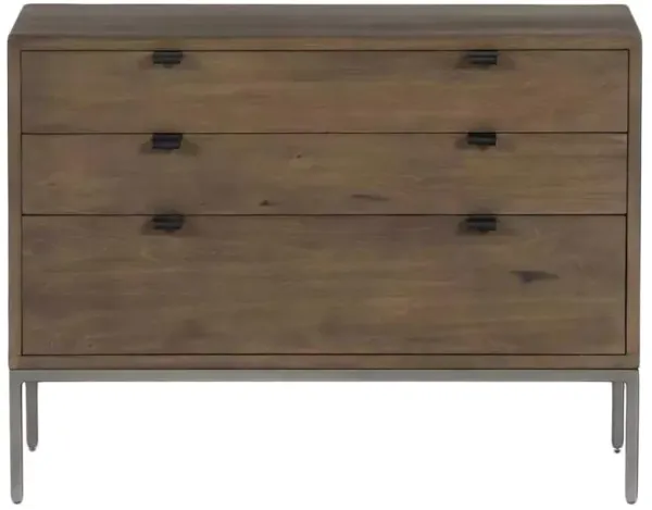 Theodore Industrial Loft Brown Wood Grey Iron Leather Pulls 3 Drawer Wide Nighstand