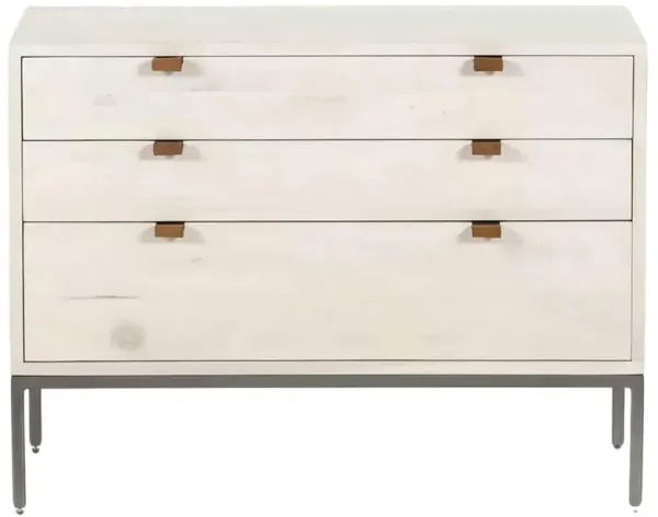 Theodore Industrial Loft Dove Wood Grey Iron Leather Pulls 3 Drawer Wide Nightstand