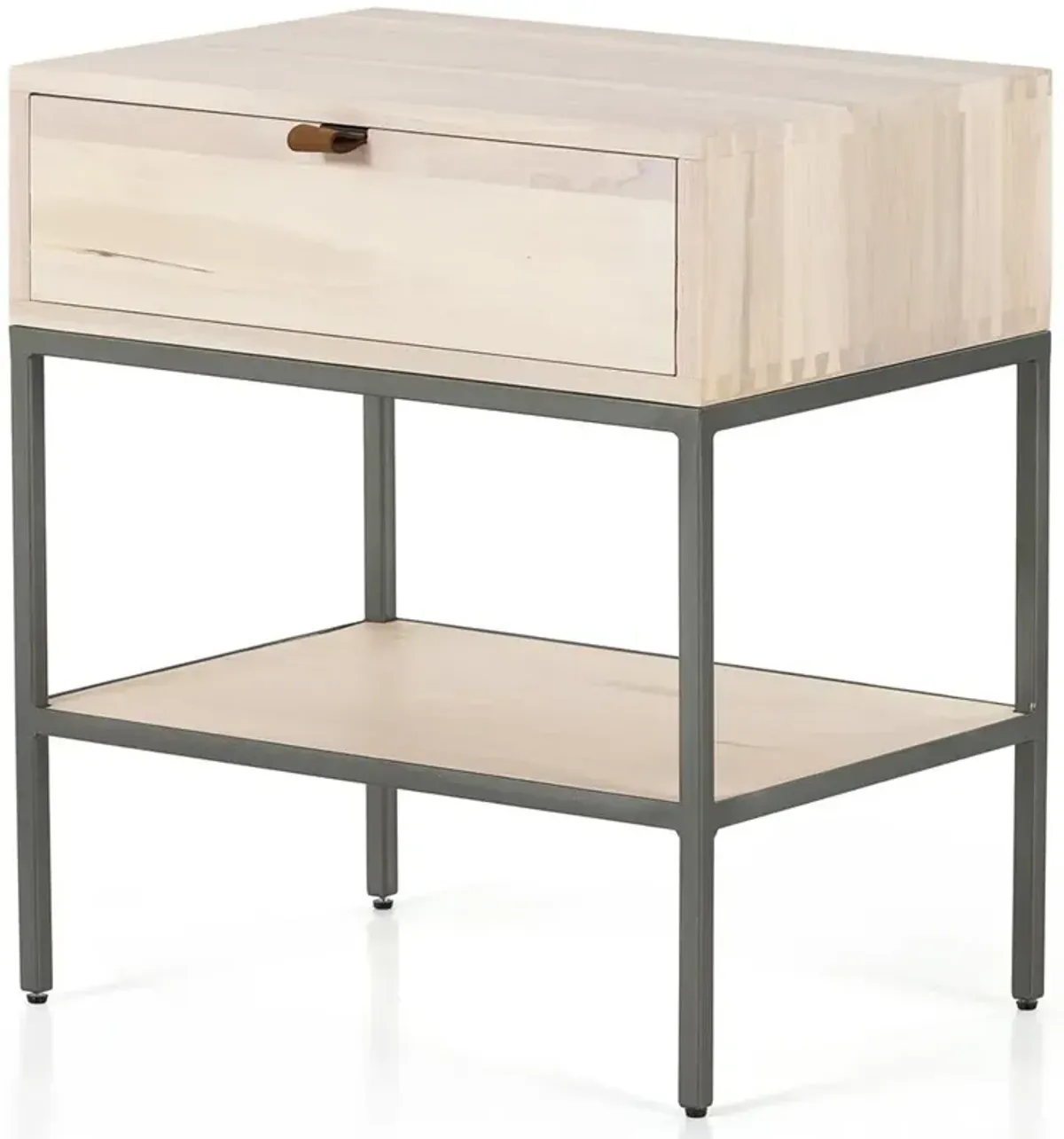 Theodore Industrial Loft Dove White Wood Grey Iron Leather Pulls 1 Drawer Nightstand