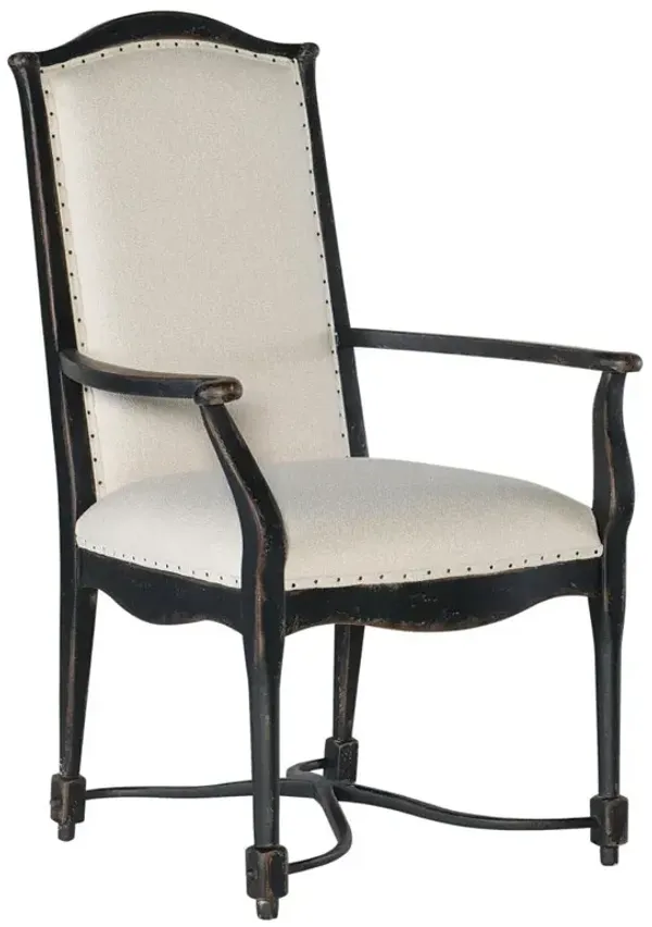 Kaira French Country Black Wood Cream Upholstered Nailhead Trim Dining Arm Chair