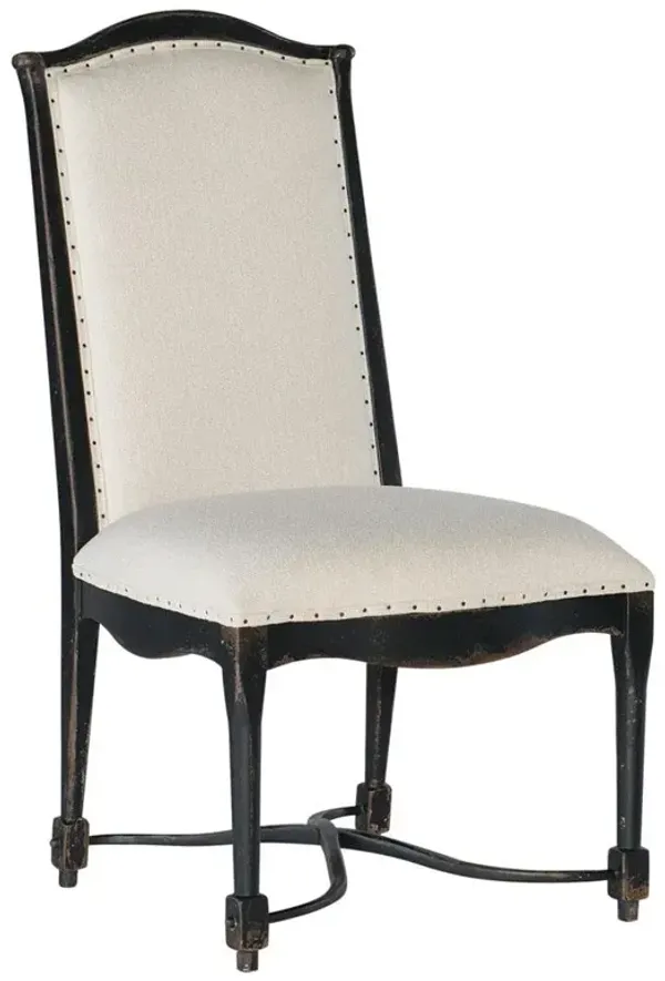 Kaira French Country Black Wood Cream Upholstered Nailhead Trim Dining Side Chair