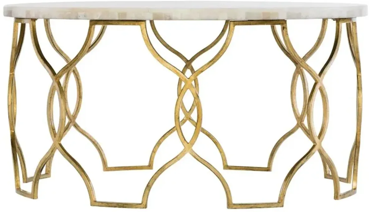 Nikki Hollywood Regency White Onyx Stone Top Gold Leaf Metal Frame Round Coffee Table