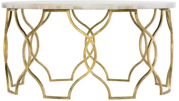 Nikki Hollywood Regency White Onyx Stone Top Gold Leaf Metal Frame Round Coffee Table