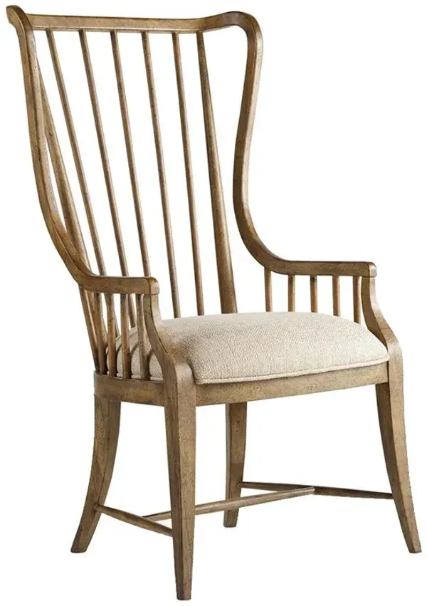 Daniel French Country Brown Wood Beige Upholstered Windsor Dining Arm Chair