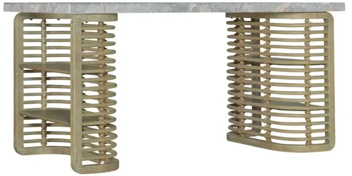 Sontee Coastal Beach Brown Wood Woven Cane Stone Top Writing Desk