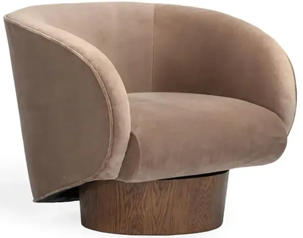 Hazel Modern Classic Brown Velvet Upholstered Oak Wood Swivel Club Chair
