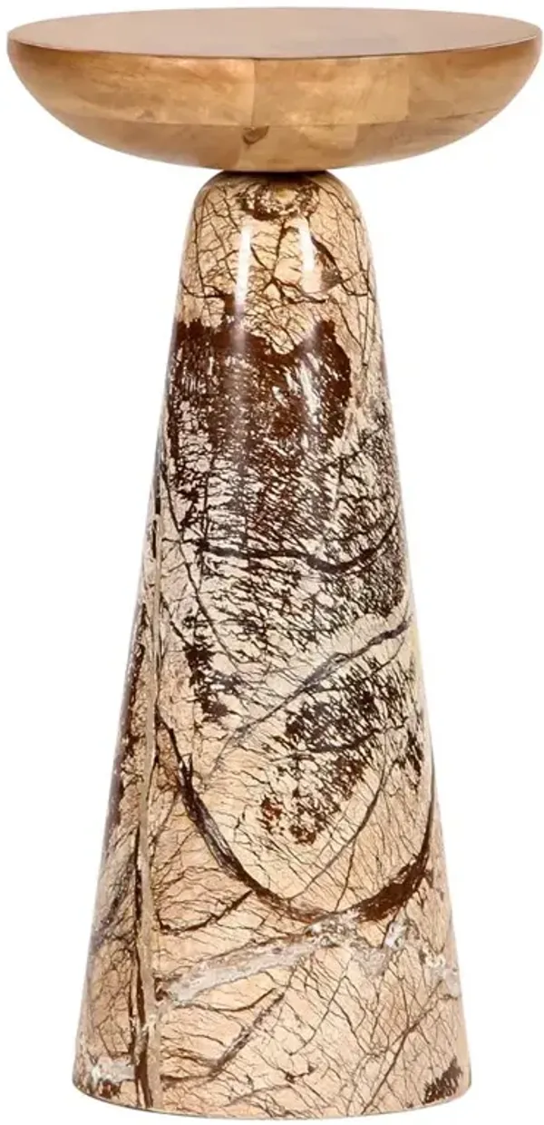 Lily Mid Century Modern Brown Wood Top Stone Pedestal Drink Table