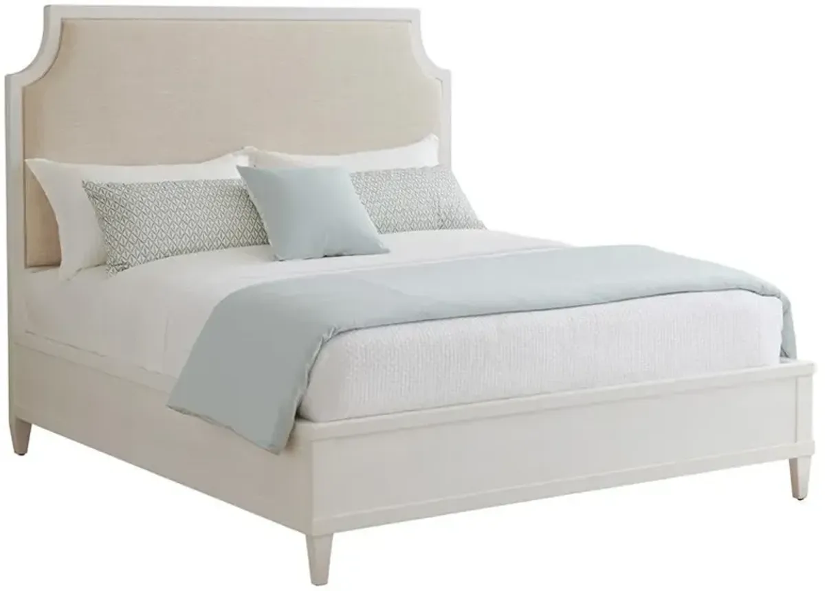 Coastal White Mahogany Beige Performance Upholstered Bed - King
