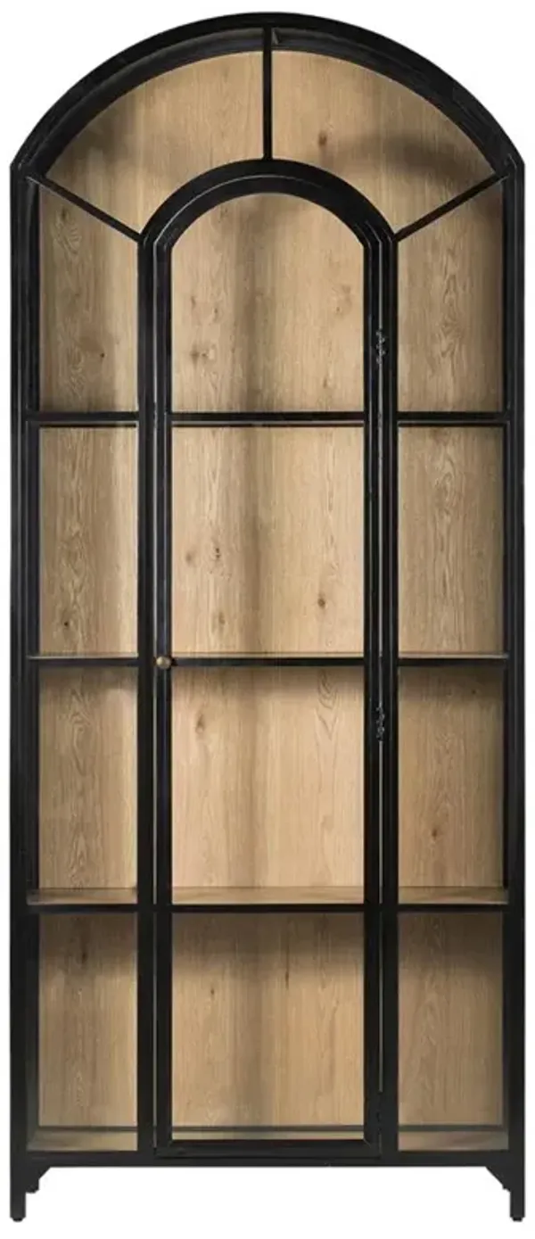 Stancil Industrial Brown Oak Wood Black Iron Clear Glass Door Arch Display Case
