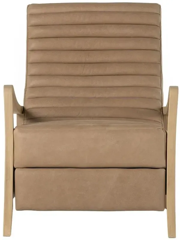 Amani Mid Century Nude Beige Leather Wood Frame Recliner Chair