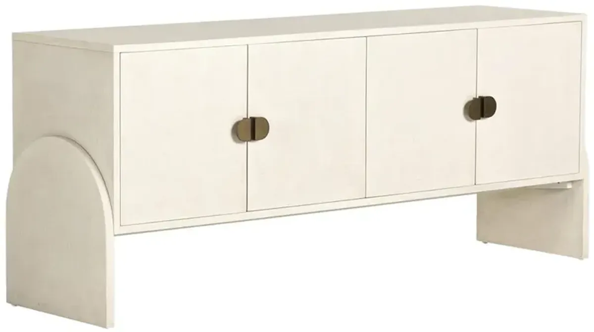 Maya Mid Century White Painted Linen Wood Frame 4 Door Media Cabinet - 72"W