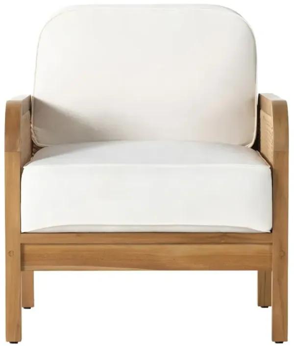 Tropica Coastal Beach Natural Teak White Upholstered Faux Rattan Outdoor Lounge Chair