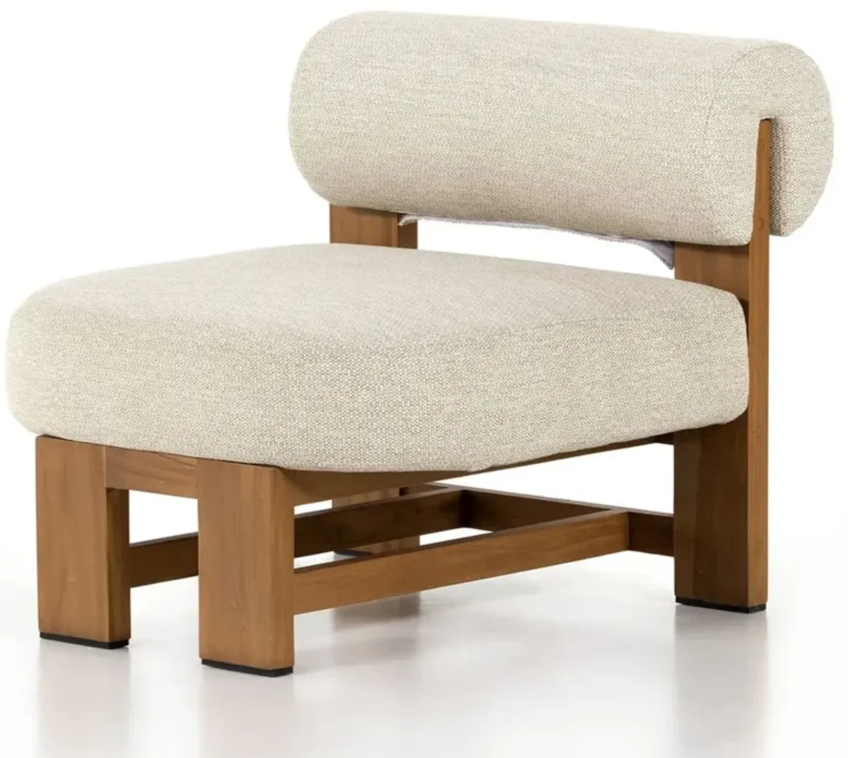 Carlo Mid Century Beige Upholstered Natural Teak Wood Frame Outdoor Lounge Chair