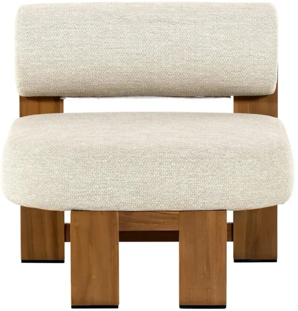 Carlo Mid Century Beige Upholstered Natural Teak Wood Frame Outdoor Lounge Chair