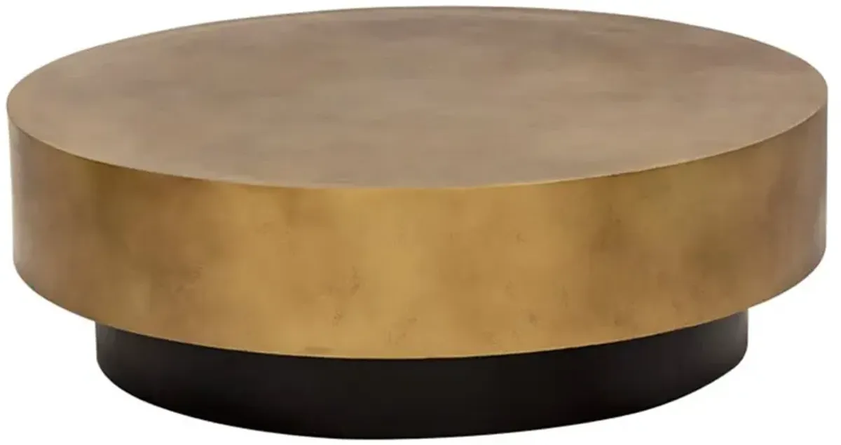 Regan Industrial Antique Brass Top Black Steel Base Round Coffee Table