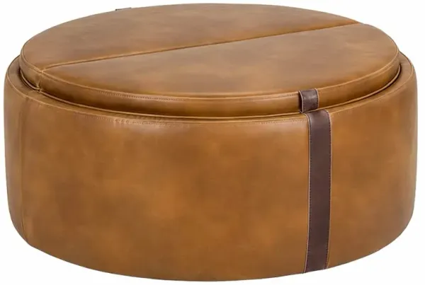 Kline Tobacco Tan Faux Leather Upholstered Round Wheeled Storage Ottoman