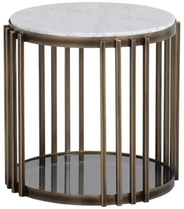 Lonnie Hollywood Regency White Marble Rustic Bronze Iron Oval End Table