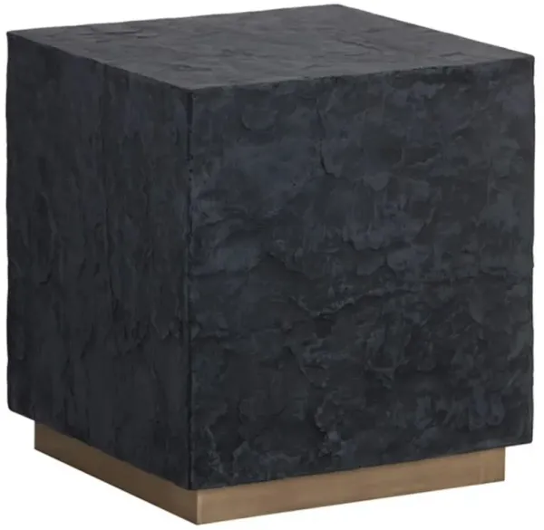 Quintana Industrial Black Textured Concrete Antique Brass Base Block End Table
