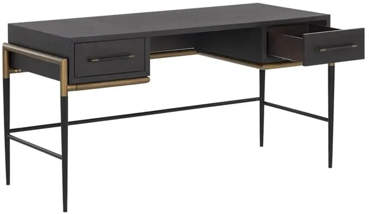 Senesca Rustic Lodge Brown Acacia Wood Black Iron Base 2 Drawer Desk