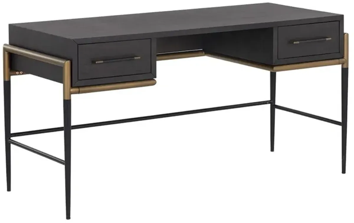 Senesca Rustic Lodge Brown Acacia Wood Black Iron Base 2 Drawer Desk