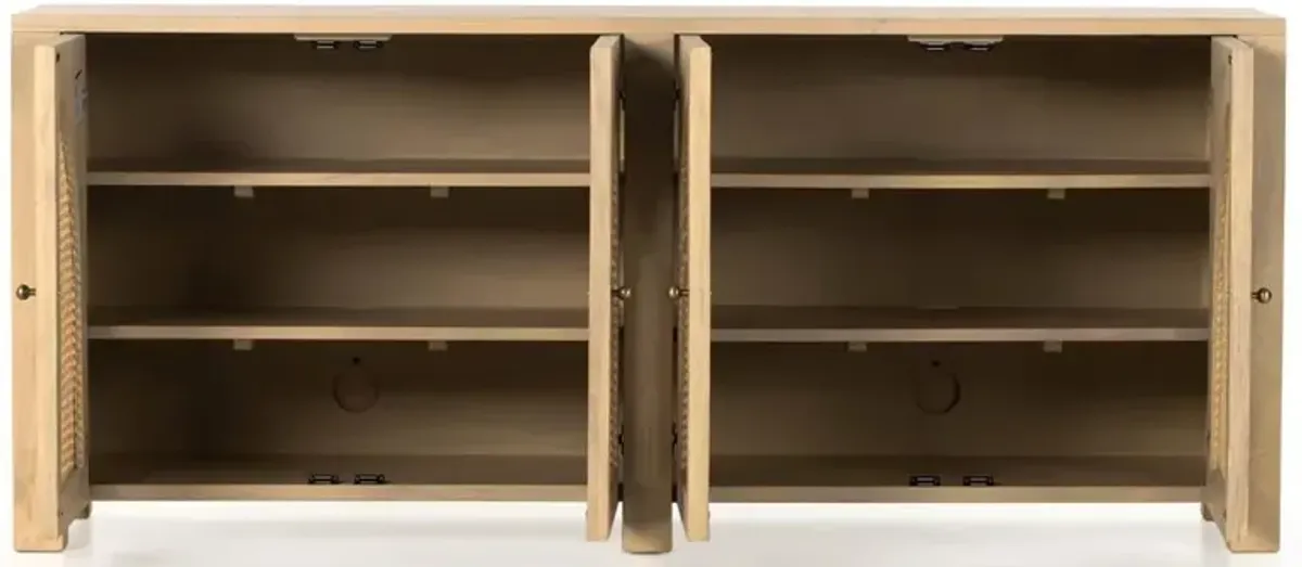 Kashton Mid Century Natural Brown Mango Wood Arched Cane 4 Door Sideboard