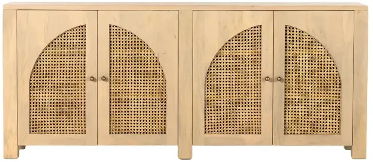 Kashton Mid Century Natural Brown Mango Wood Arched Cane 4 Door Sideboard