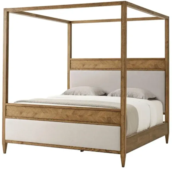 Ayra Mid Century Dawn Brown Oak Wood Herrigbone Canopy Bed - King