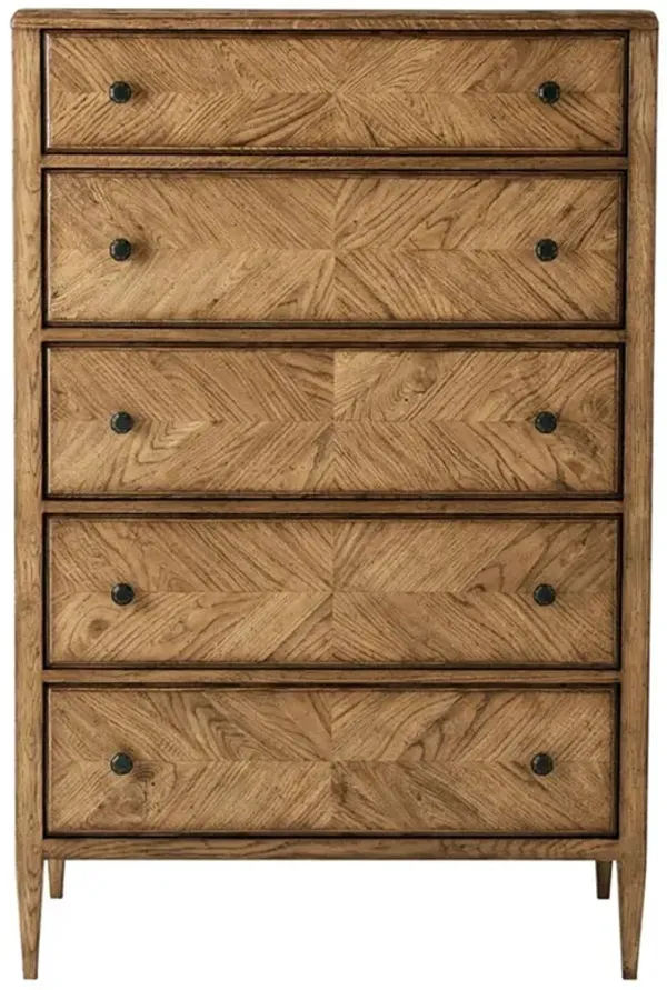 Ayra Dawn Brown Herringbone Oak Wood 5 Drawer Tall Chest