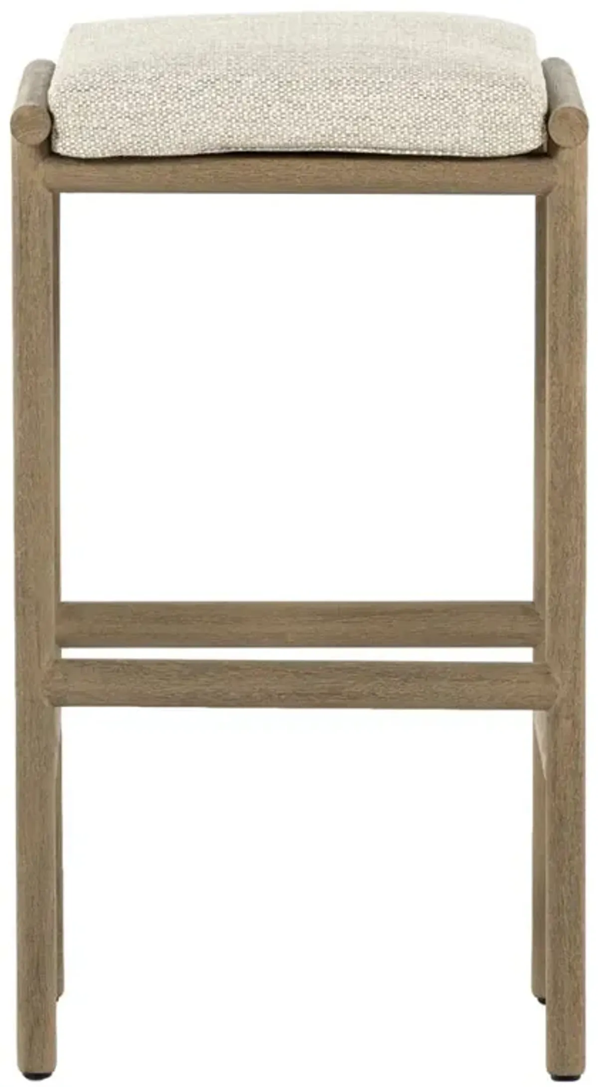 Karimm Coastal Beach Beige Upholstered Natural Teak Wood Frame Outdoor Bar Stool