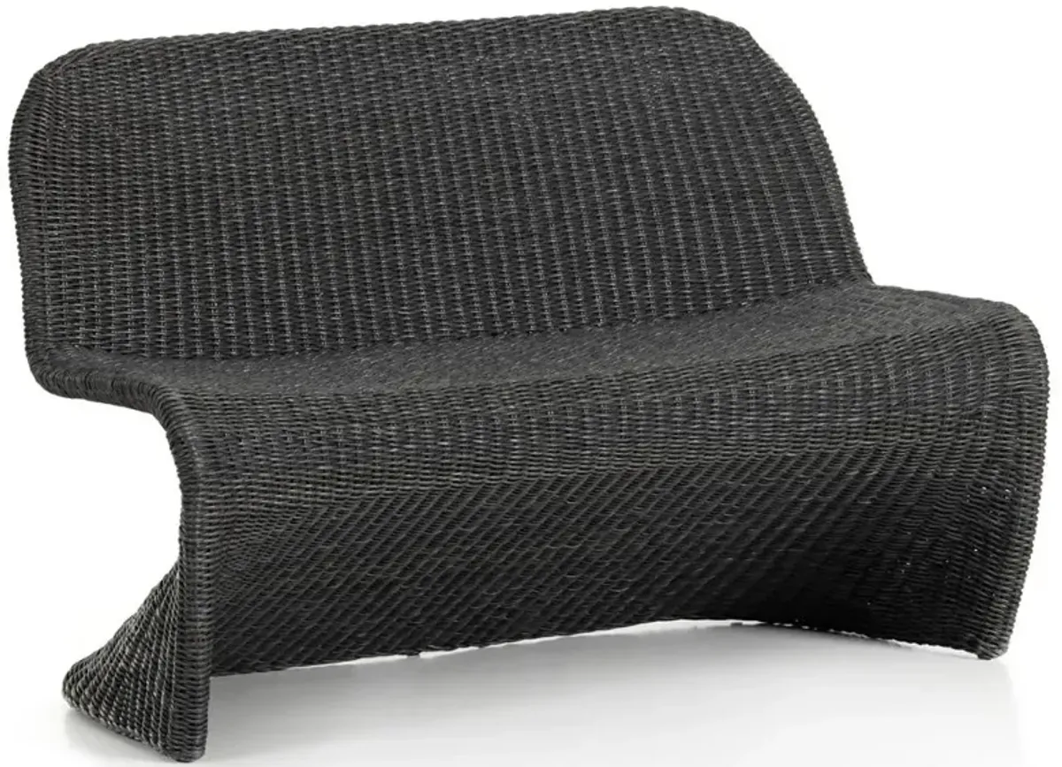 Ivanna Coastal Beach Black Woven Wicker Outdoor Dining Bench