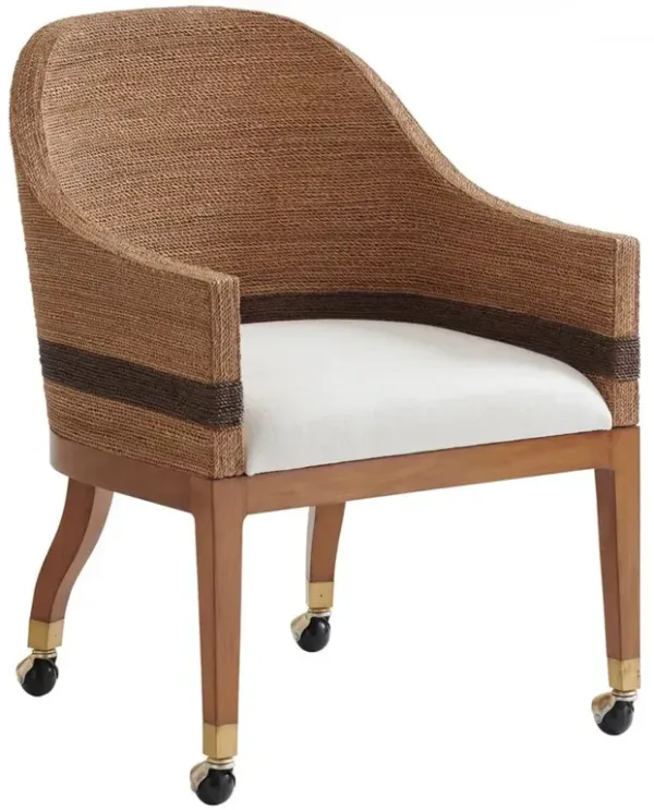 Dorian Coastal White Performance Woven Rope Caster Dining Arm Chair