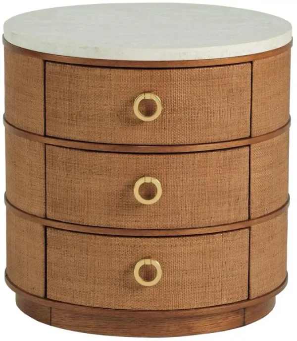 Banning Coastal Beach Brown Woven Raffia Marble Side Table