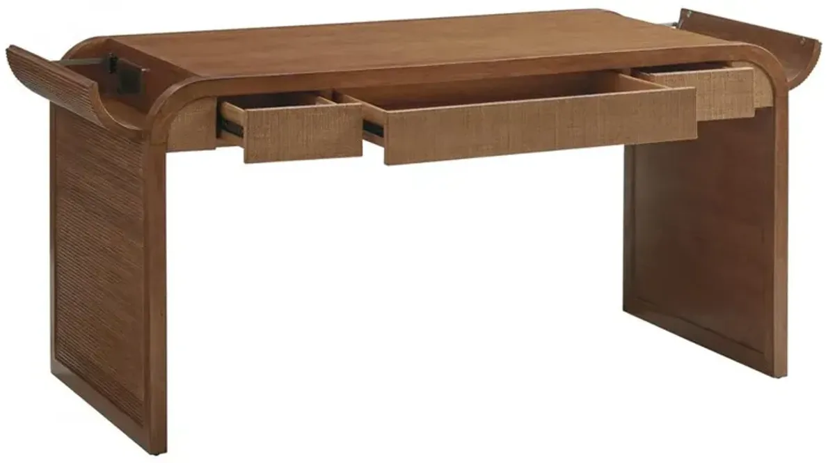 Montclair Coastal Beach Brown Wood Rattan Raffia 3 Drawer Desk