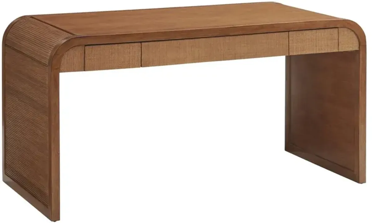 Montclair Coastal Beach Brown Wood Rattan Raffia 3 Drawer Desk