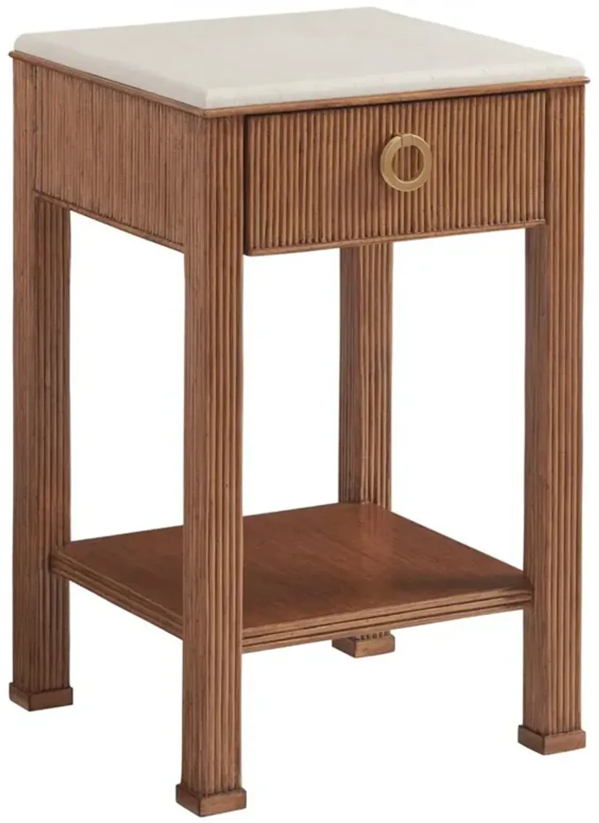 Tristan Coastal Beach Brown Wood Rattan Marble Top 1 Drawer Nightstand