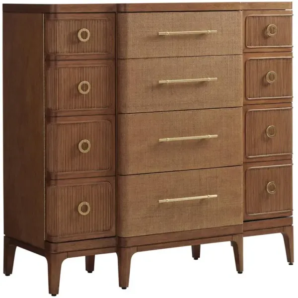 Remington Coastal Beach Brown Wood Rattan Door 4 Raffia Drawer Tall Chest