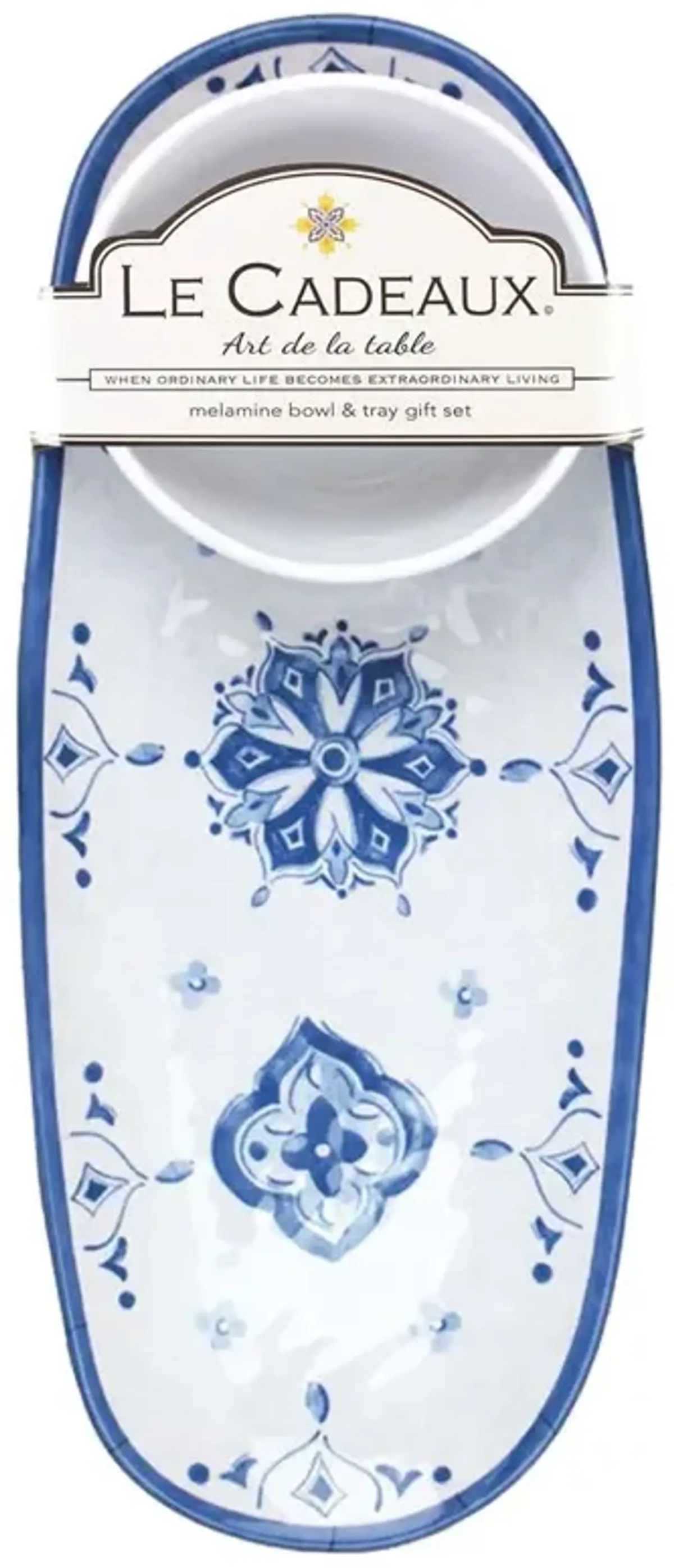 Moroccan Global White Melamine Blue Floral Bowl and Tray Gift Set