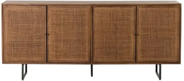 Emilie Coastal Beach Brown Mango Wood Black Iron Woven Cane 4 Door Sideboard
