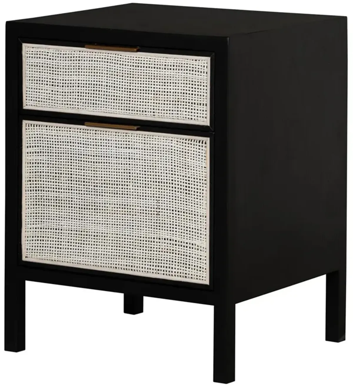 Ronaldo Coastal Beach Black Pine Wood Woven Rattan 2 Drawer Office Cabinet