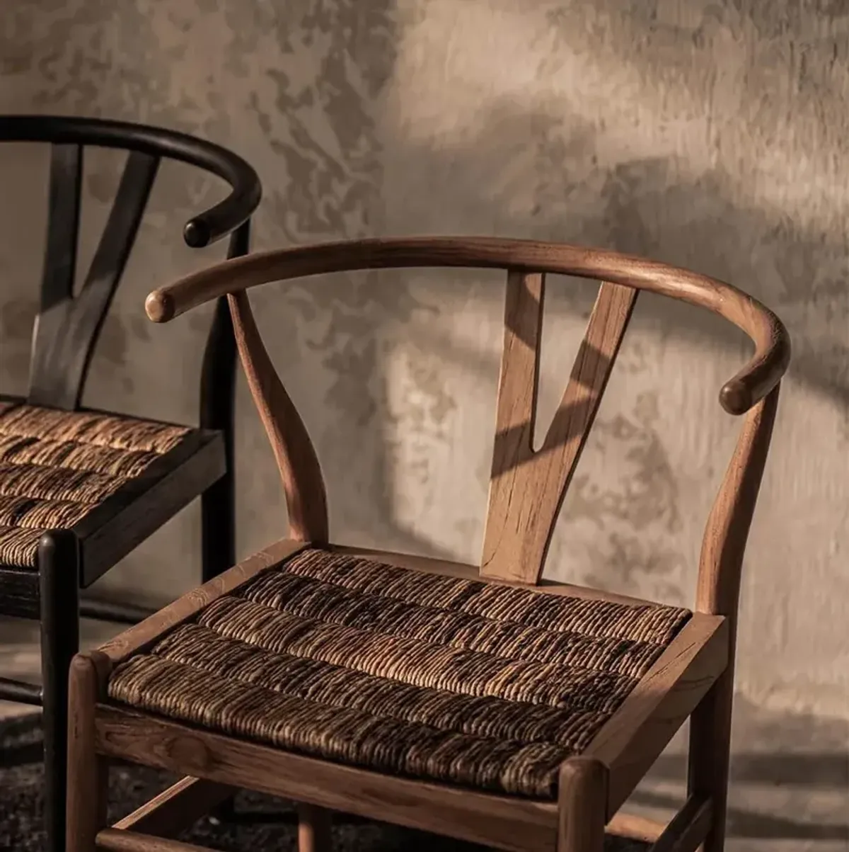 Sean Coastal Beach Natural Teak Wood Rattan Wishbone Dining Side Chair