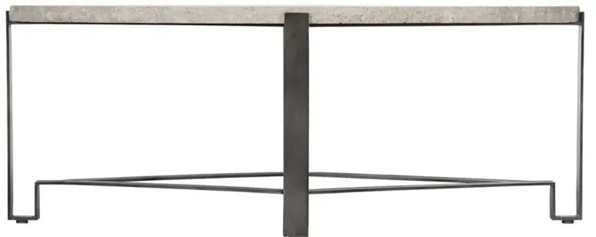 Vivian Industrial Beige Travertine Stone Top Bronze Steel Oval Coffee Table