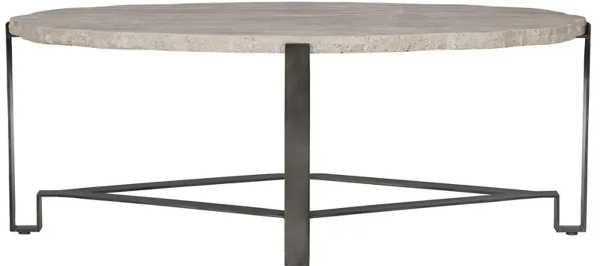 Vivian Industrial Beige Travertine Stone Top Bronze Steel Oval Coffee Table